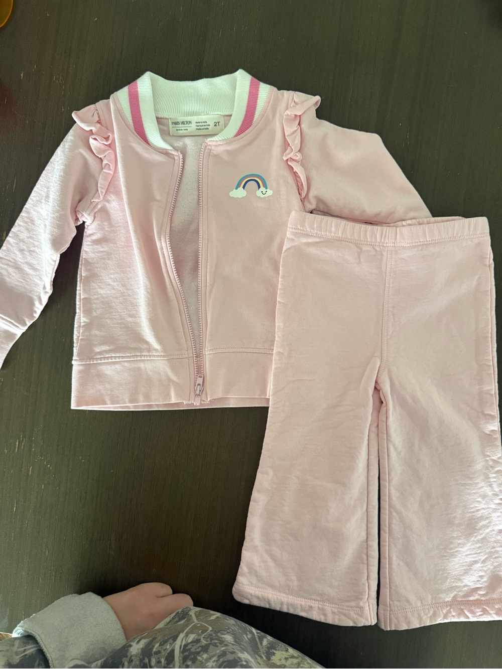 Paris Hilton Pale Pink Zip Front Pajama Set with Rainbow Patch